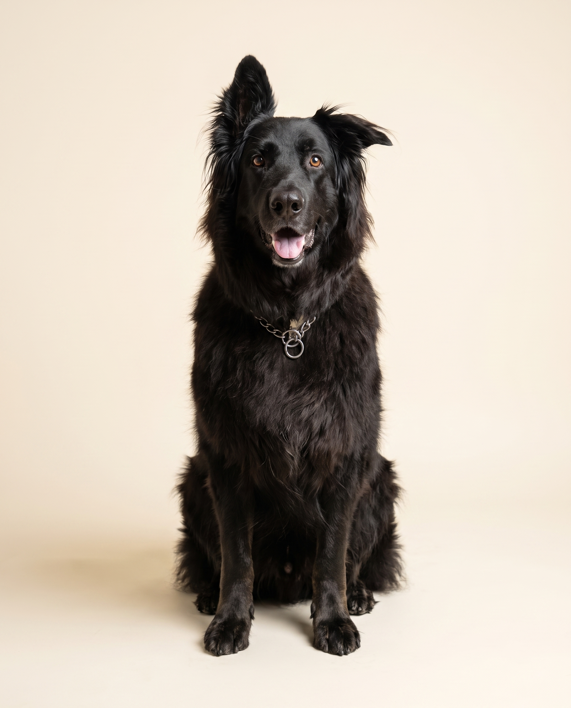Dexter, a black long-haired dog with one upright ear and one floppy ear, sitting against a warm studio backdrop
